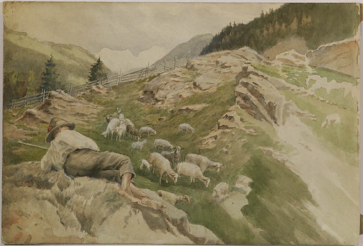 Anton KATZER - 水彩作品 - Shepherd, Watercolor, ca 1900
