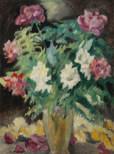Louis VALTAT - Pittura - Vase en cristal et roses