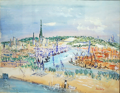 Jean DUFY - Drawing-Watercolor - Port de Rouen