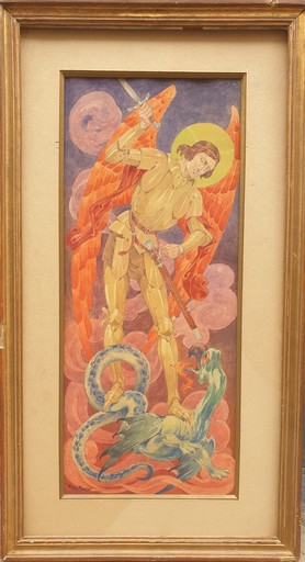 Henry MORIN - Drawing-Watercolor - Saint Michel et le dragon