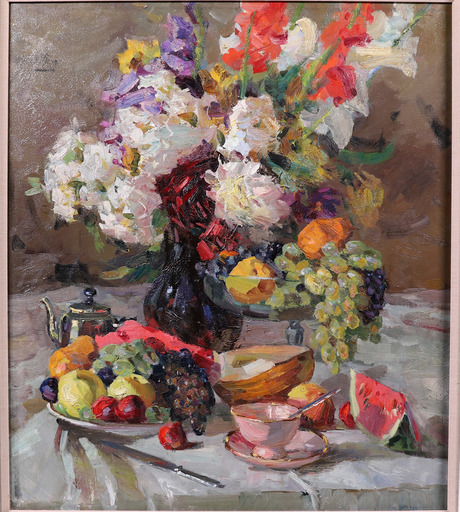 Anatoli I. YABLOKOV - Painting - Still life with pink coloured teacup.