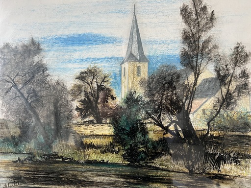 Jean BURKHALTER - Zeichnung Aquarell - Vue d’église. 