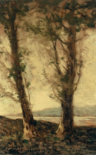 Henri Joseph HARPIGNIES - Painting - Deux peupliers au bord d'un étang 