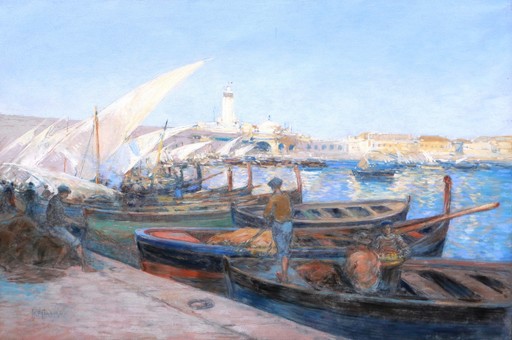 Henri Pierre PAILLARD - Disegno Acquarello - Vue animée du Port d'Alger
