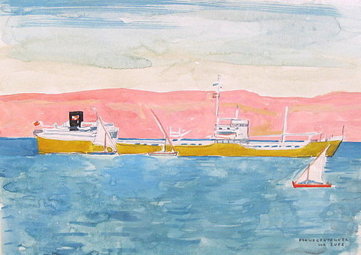 Paul MECHLEN - Drawing-Watercolor - Norwegentanker vor Suez. 
