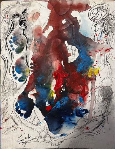 Salvador DALI - Dessin-Aquarelle -  “Untitled” (colorful feet and figures)
