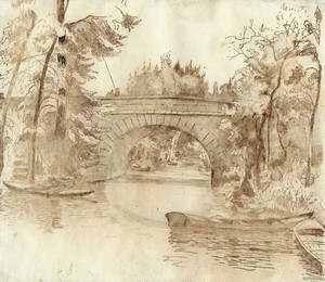 Georges LE MEILLEUR - Dibujo Acuarela - Pêcheur sur un pont