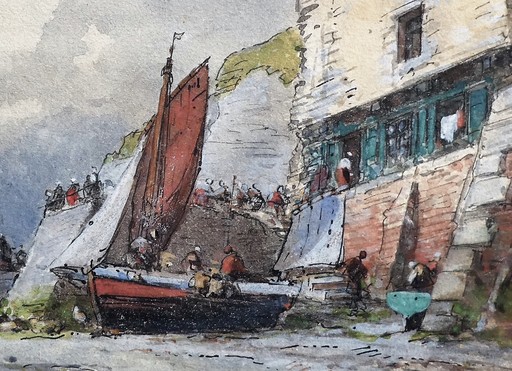 Jules Achille NOËL - Disegno Acquarello - Port à marée basse
