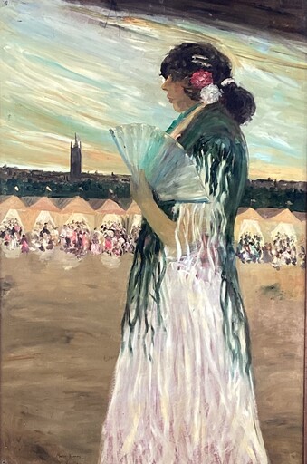 Eustaquio MARIN RAMOS - Peinture - Mujer con mantón verde en la feria de Sevilla