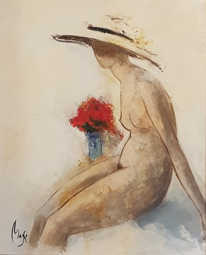 Louis MAGRE - Painting - Nu au bouquet 