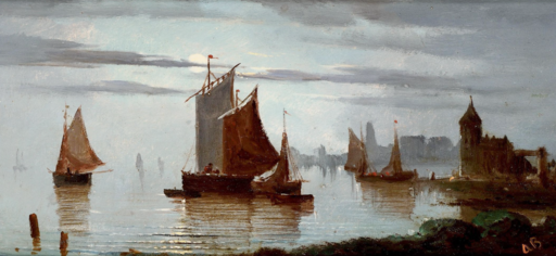 Amédée BAUDIT - Pintura - c.1885-90 The boats in the moonlight