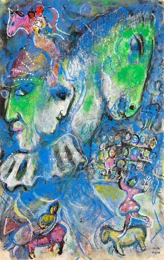 Marc CHAGALL - Drawing-Watercolor - Deux profils verts au cirque