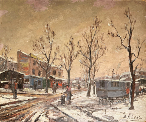 Edouard FEBVRE - Painting - Paysage de banlieue en hiver