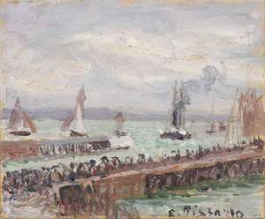 Camille PISSARRO - Gemälde - Entrée du port du Havre et le brise-lames ouest, soleil, mer