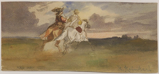 Heinrich REINHART - Disegno Acquarello - "Evening Ride", Watercolor, middle 19th Century