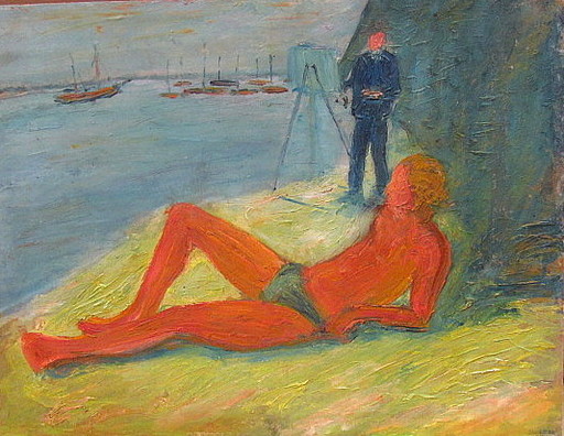 Rolf DIENER - Pintura - Junger Mann in Badehose an der Elbe.