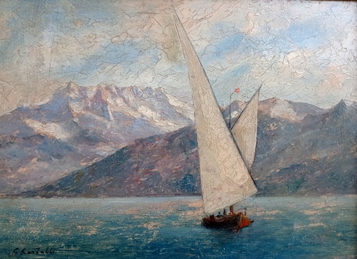 Clément CASTELLI - Painting - Voilier, barque de Meillerie lac Léman, dents du midi 