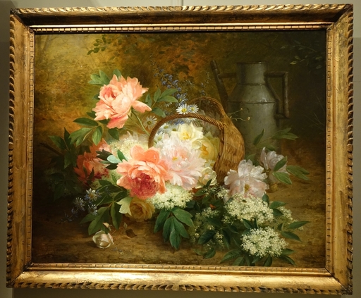 Jules Ferdinand MÉDARD - Peinture - "Still life with a basket of flowers and a watering can", Ju