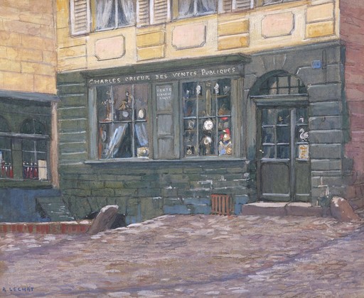 Albert Eugène LECHAT - Disegno Acquarello - L'échoppe du crieur à Arras