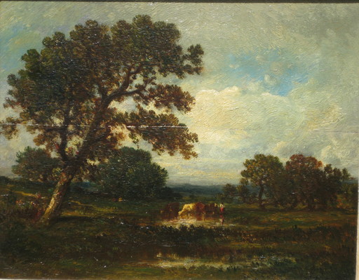 Léon Victor DUPRÉ - Painting - Kühe mit Hirte in Landschaft