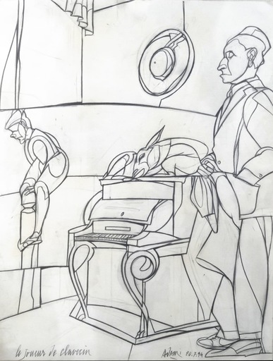 Valerio ADAMI - Zeichnung Aquarell - Le jouer de clavecin