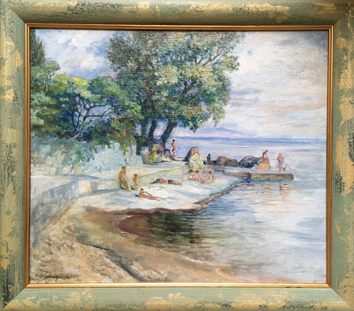 Ludwig Heinrich JUNGNICKEL - Peinture - Coastal landscape with bathers 