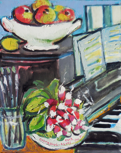 Jean-Pierre CHEVASSUS-AGNES - Peinture - piano noir, pommes en compotier, radis et pinceaux