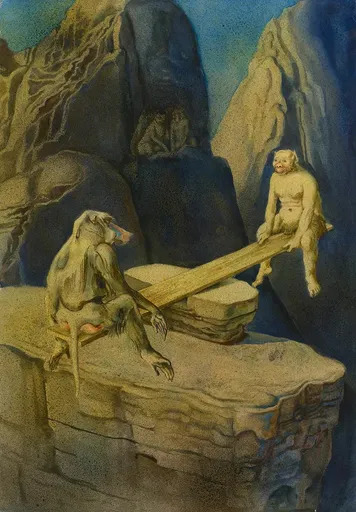 Rudolf SCHLICHTER - Drawing-Watercolor - Affe und Fabelwesen auf einer Wippe
