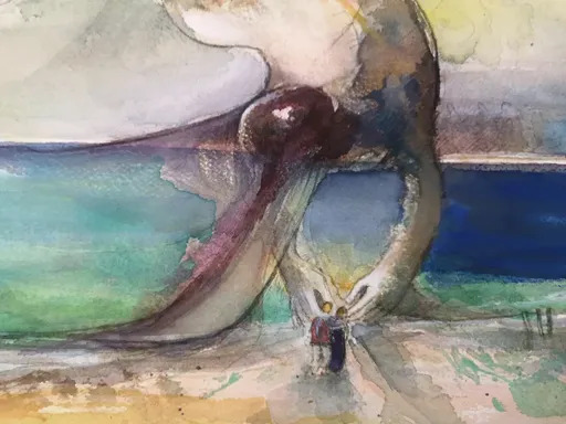 Jean PENUEL - Drawing-Watercolor - Promenade au bord de la mer