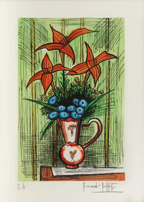 Bouquet De Fleurs Bleues Et Lys Rouges Sur Fond Vert By