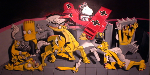 Ron ENGLISH - Painting - Snoopy bombarding The Simpsons Guernica