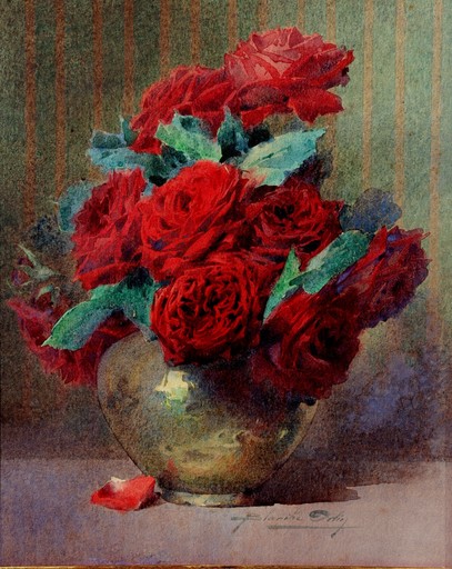 Blanche ODIN - Drawing-Watercolor - "BOUQUET DE ROSES ROUGES DANS UN VASE LAITON"