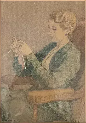 Alexis Louis DE BROCA - Disegno Acquarello - Jeune femme au tricot