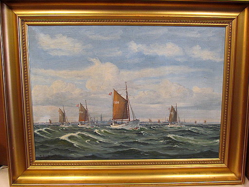 Frantz LANDT - Painting - Dänische Fischerboote vor Küste.