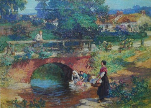 Frederic Arthur BRIDGMAN - Painting - Laundresses at Old bridge near Les Terrasses Lyons