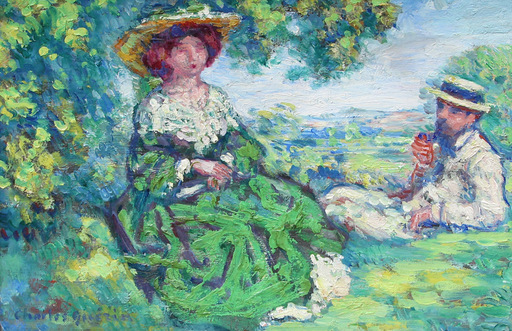 Charles François Prosper GUÉRIN - Pittura - Élégante au chapeau et un fumeur de pipe dans paysage.
