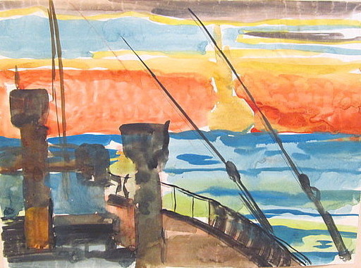 Paul MECHLEN - Drawing-Watercolor - Schiffsblick in den Sonnenuntergang.