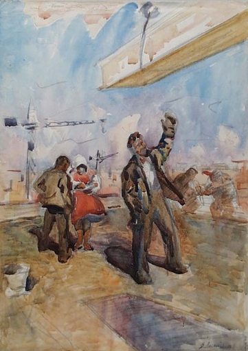 Valentin Aleksandroh LISENKOV - Disegno Acquarello - "Construction Workers", Watercolor, 1958