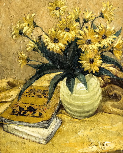 Eugène NYS - 绘画 - Still life with flowers and books