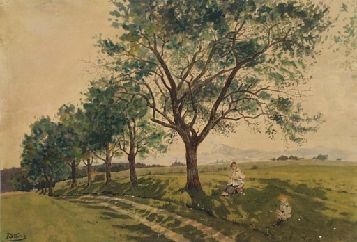 Adrienne Gräfin VON PÖTTING - Disegno Acquarello - "On Country Road", Watercolor, late 19th century