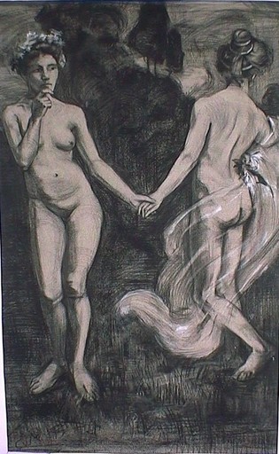 Carl VON MARR - Drawing-Watercolor - Zwei Nymphen , two nymphs, Nude