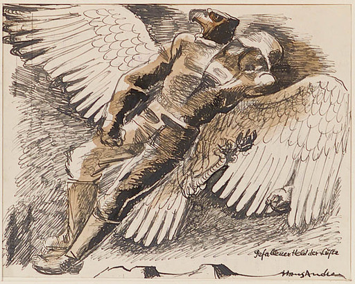Hans ANDRE - Drawing-Watercolor - "Fallen Hero", 1920's 
