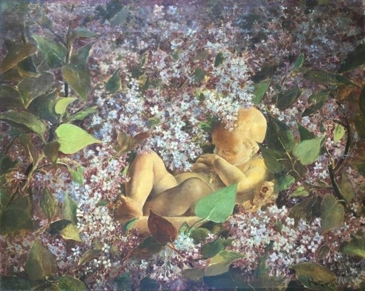 Frans HENS - Painting - The baby in flowers 