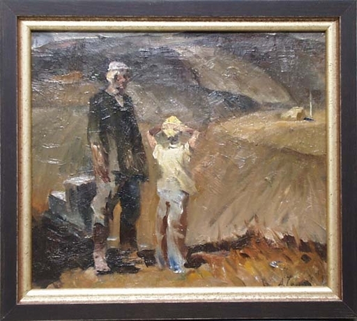Arkady SOROKA - Pintura - "Father and Son" by Arkadi Soroka, 1960's, Oil Painting