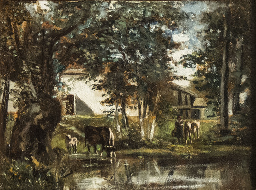 Andrés CORTÉS - Gemälde - Cows near the pond