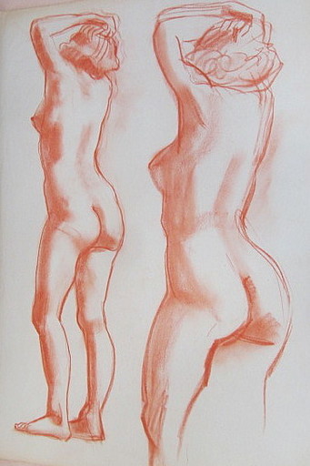 Paul MECHLEN - Drawing-Watercolor - 2 nackte Frauen in Rückansicht. 