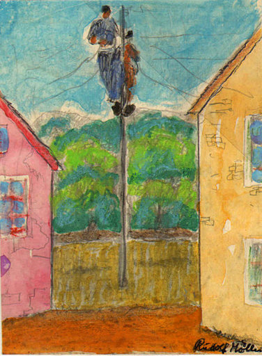 Rudolf MÖLLER - Drawing-Watercolor - Arbeiter auf Strommast
