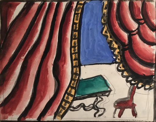 Fernand LÉGER - Dessin-Aquarelle - Scène d'intérieur aux rideaux rouges