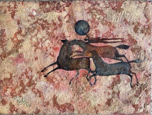 Khaled RAHHAL - Painting - Scena fantastica animata da cavalli e figura umana