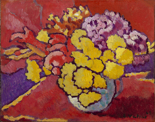 路易斯·瓦尔塔 - 绘画 - Fleurs jaunes, draperie rouge